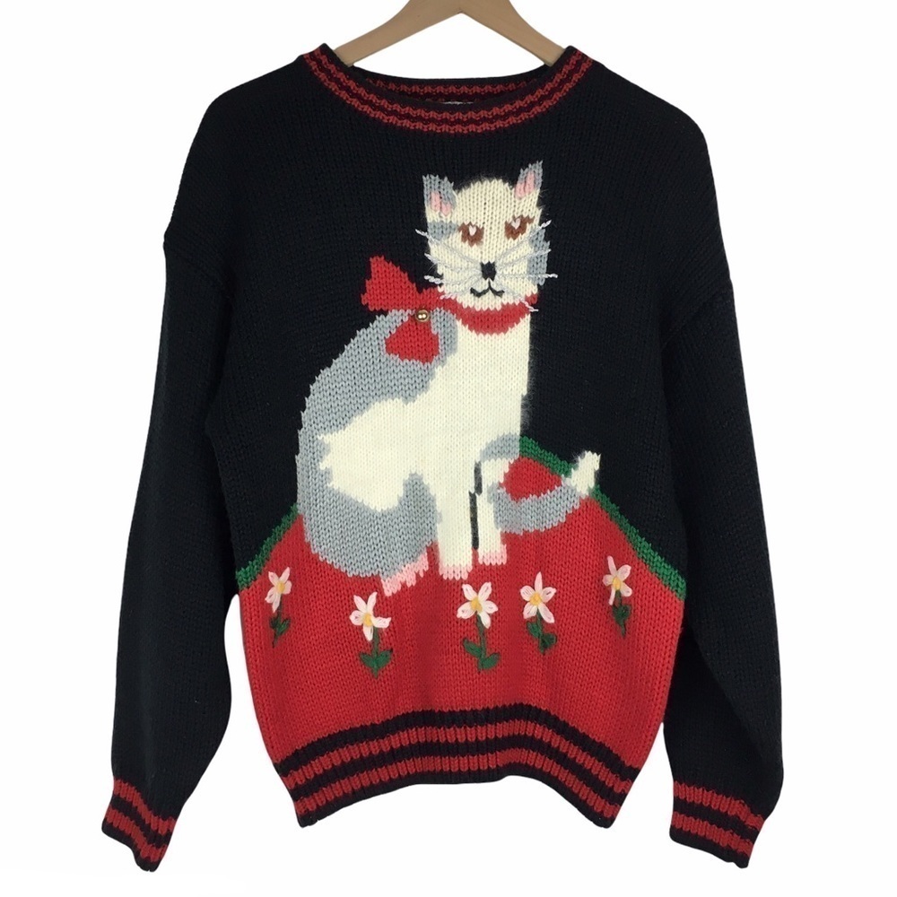 VINTAGE Christmas Sweater Cat Jingle Bell Flowers Hasting & Smith Size Medium